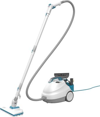 a white and blue vacuum cleaner with a hose and a cord