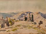une image représentant un tableau représentant un paysage de montagne avec une église