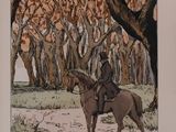 a drawing of a man riding a horse in a wooded area