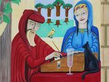painting of two women sitting at a table with a bird on it