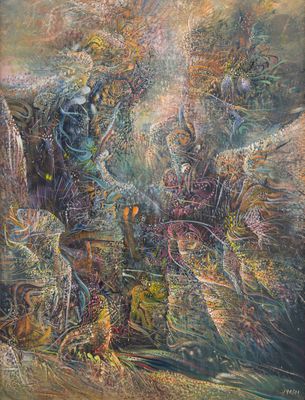 une peinture à l'huile représentant un groupe de personnes debout dans un champ