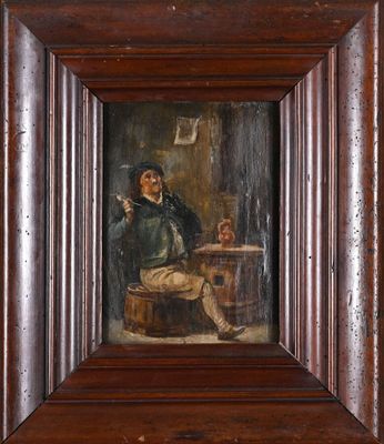 un vieux tableau représentant un homme assis sur une chaise dans une pièce