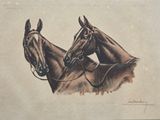 painting of two brown horses with bridles on their heads