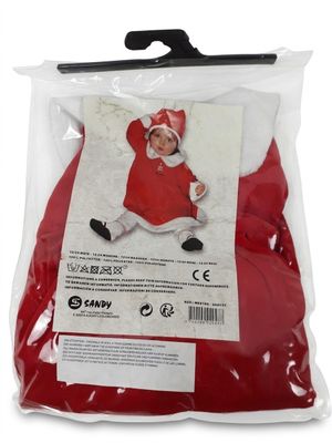 a close up of a baby wearing a santa claus costume