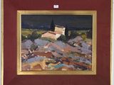 une image d'une peinture représentant une maison sur une colline