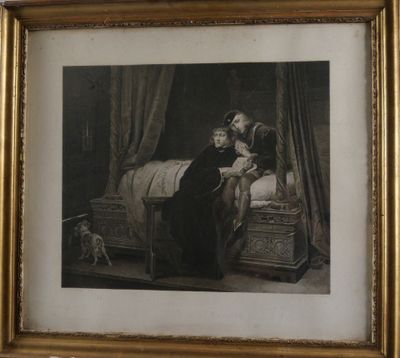 painting of a man and a woman sitting on a bed with a dog