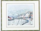 painting of sailboats docked in a harbor with mountains in the background