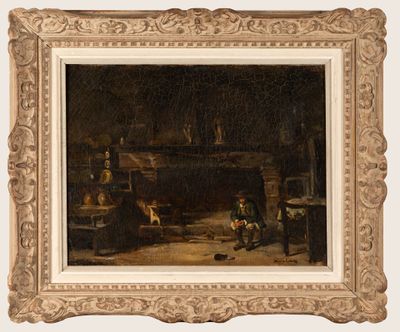 an image of a painting of a man and a dog in a kitchen