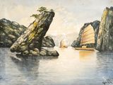 a painting of a boat in a body of water