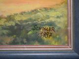 an oil painting of a field with trees and a sky in the background