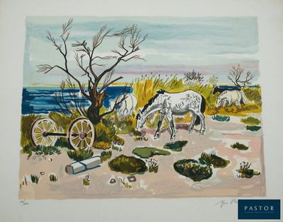 a painting of a horse and a cart on the beach