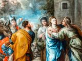 an image of a painting of a group of people standing in front of a building
