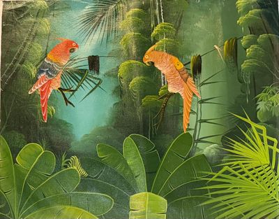 tableau représentant deux perroquets dans une forêt tropicale avec des feuilles de palmier