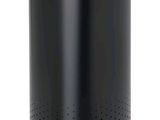 a close up of a black trash can with a wooden lid