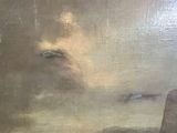an oil painting of a boat in a body of water next to a cliff