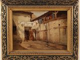 an oil painting of an old building with clothes hanging on a line