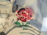un tableau représentant une rose posée sur une table