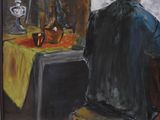 a painting of a man sitting at a table with a wine glass