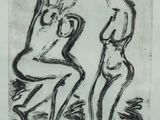 a black and white drawing of two women sitting on a chair