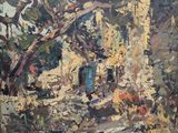 an image of a painting of a house in a wooded area