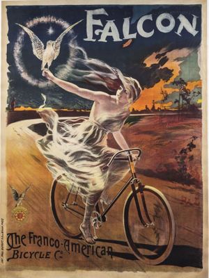 an old poster of a woman riding a bicycle with a bird on the back
