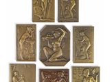 six bronze plaques depicting nudes and other nudes on a white background