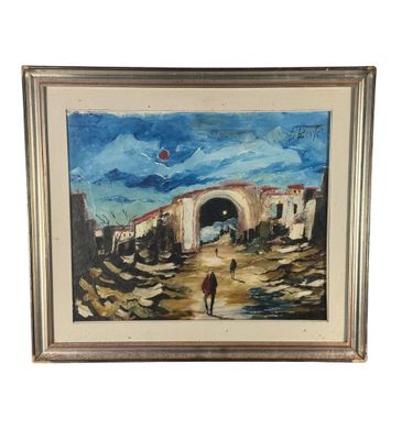 a painting of a person walking down a dirt road