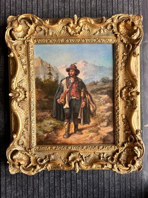 painting of a man in a cowboy outfit holding a gun in a gold frame