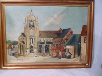 a painting of a church with a clock on it