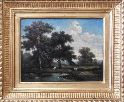 an oil painting of a landscape with trees and a river in the foreground