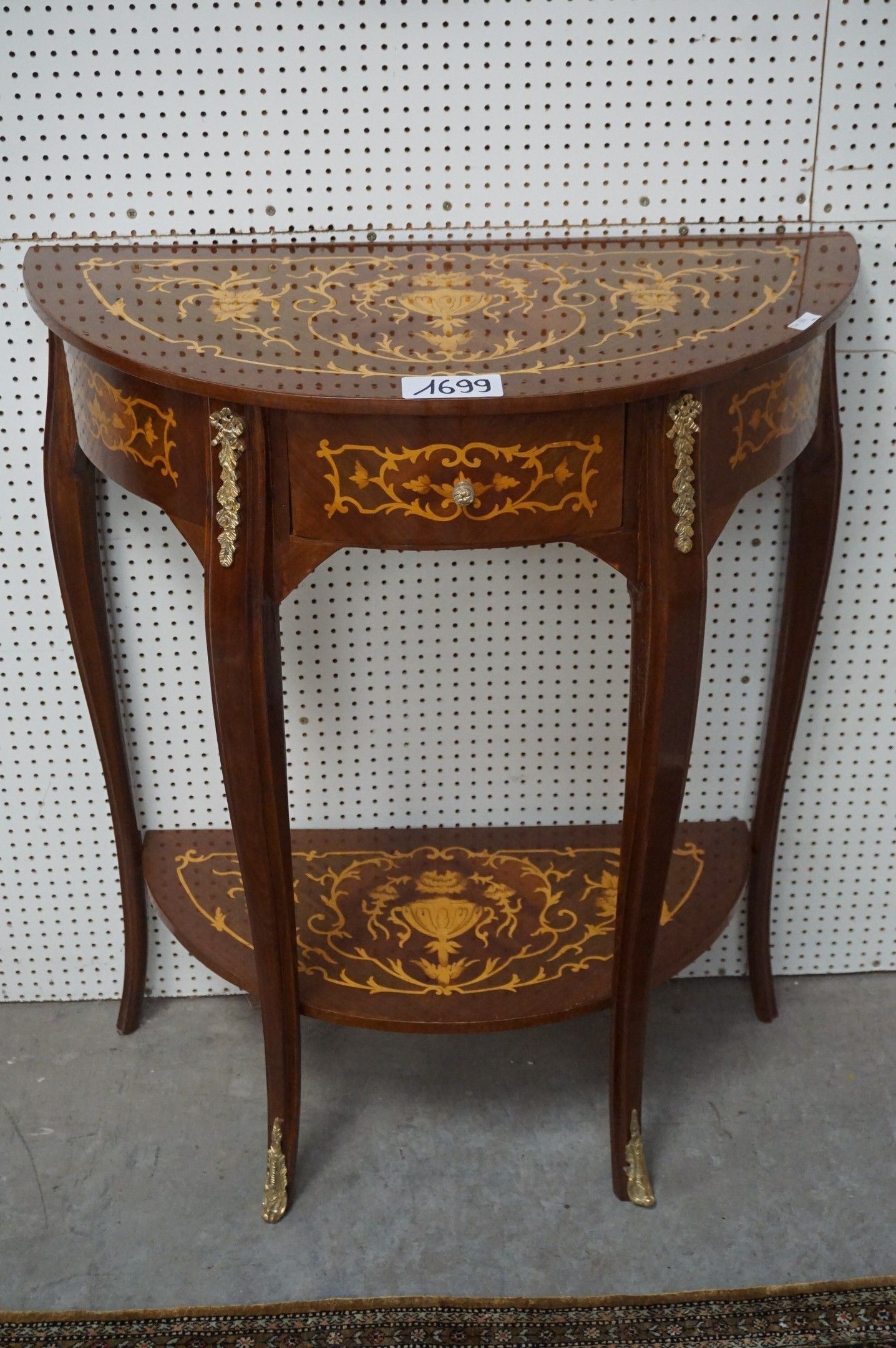 console murale semi-circulaire en marqueterie - avec 1 tiroi…