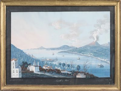 an image of a painting of a view of a town with a mountain in the background