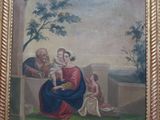 un vieux tableau représentant une femme tenant un enfant dans ses bras et un homme tenant un bébé