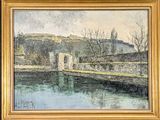 an image of a painting of a river with a castle in the background