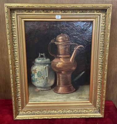 une peinture à l'huile représentant une cafetière et une théière posées sur une table