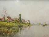 painting of a river scene with houses and boats in the water