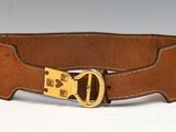 brown leather dog collar with brass buckle and dog paw print