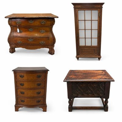 quatre meubles, dont une commode, une table et un meuble de rangement