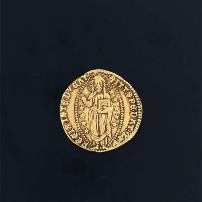 a close up of a gold coin on a black surface