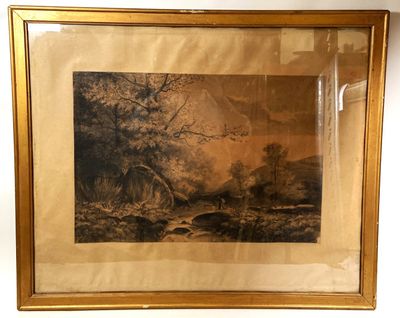 painting of a landscape with a river and trees in a gold frame