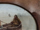 a picture of a painting of a man and a child in a boat