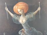 a painting of a woman in a dress holding a stick