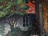 une peinture à l'huile représentant une maison avec un arbre dans le jardin devant la maison
