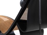 an image of a black chair with a wooden seat on a white surface