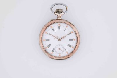 an antique pocket watch with a white dial and roman numerals on the face