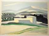 l'image d'un tableau représentant un paysage avec une montagne en arrière-plan