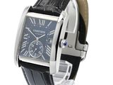 the watch is black and silver with roman numerals on the face