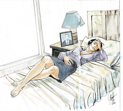 dessin représentant une femme allongée sur un lit dans une chambre où se trouve une lampe