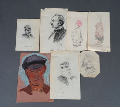 ECOLE XXe. Portrait d'hommes et d'enfants. Graphite. 10  x 10 cm envir