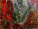 peinture abstraite représentant des arbres rouges et verts dans une forêt